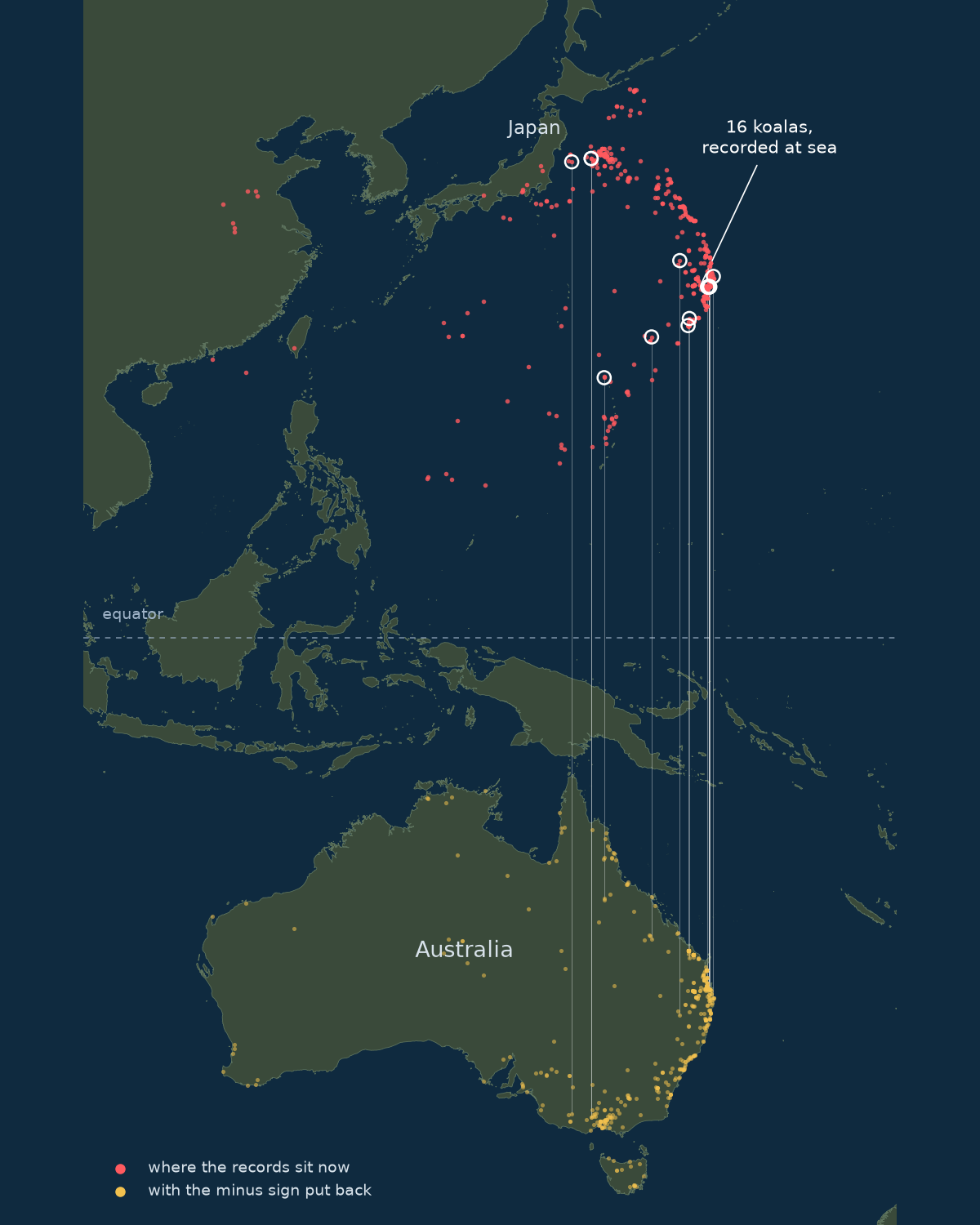 Map of East Asia and Australia: red dots in the Pacific off Japan trace a mirror image of yellow dots along Australia's east coast; circles mark koalas