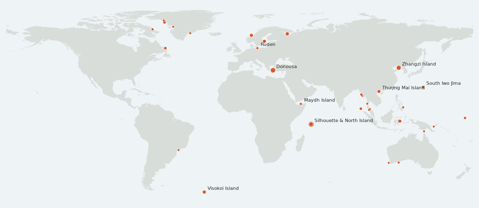 World map with orange dots at 34 places where islands are missing from the Copernicus DEM: in the Seychelles, Greece, China, Japan, Vietnam, Myanmar, Thailand, Indonesia, Australia, Brazil, Scandinavia, Russia, Greenland, Canada and the South Sandwich Islands