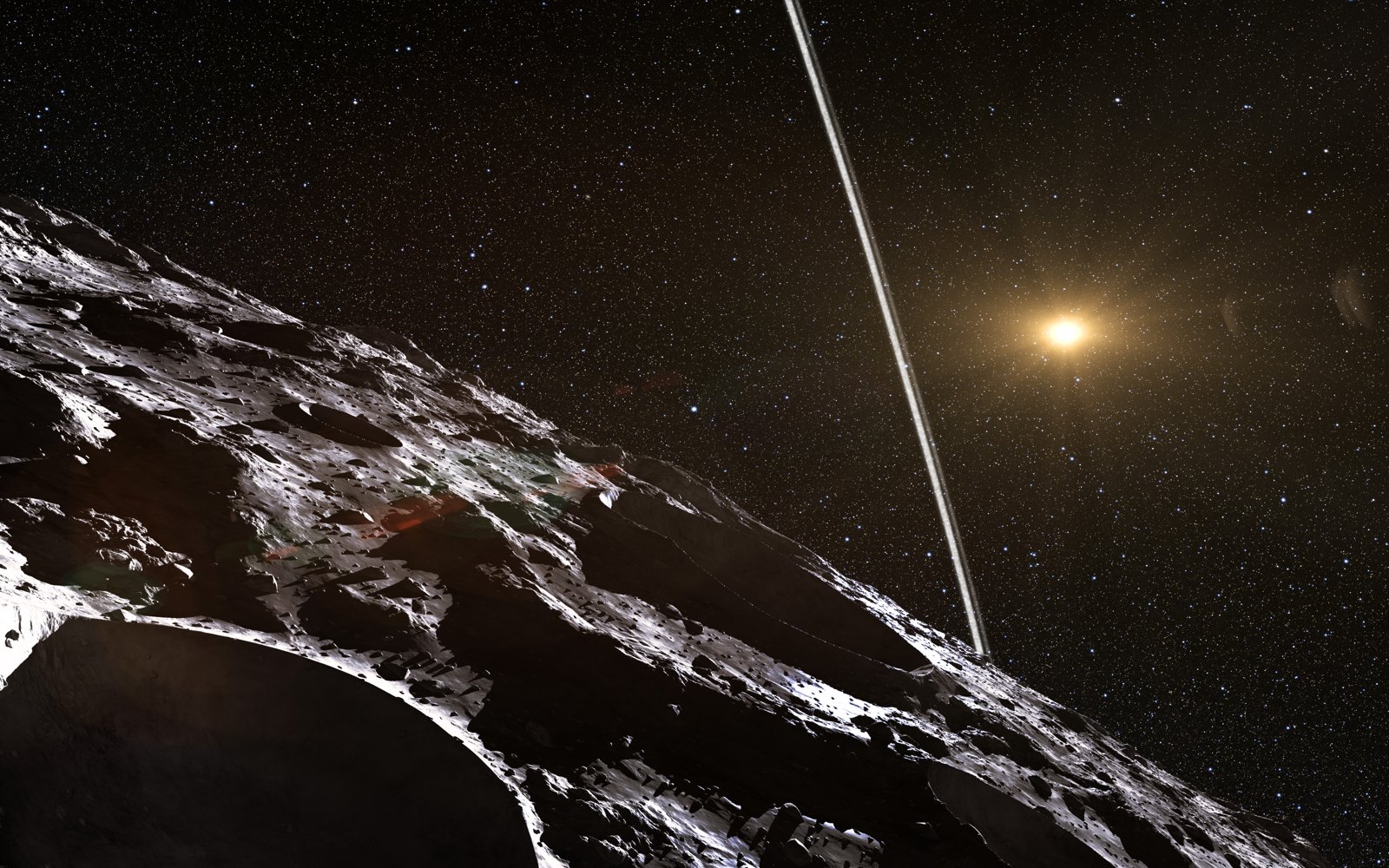 Artist's impression of the cratered surface of the Centaur Chariklo, with a thin ring and the distant Sun