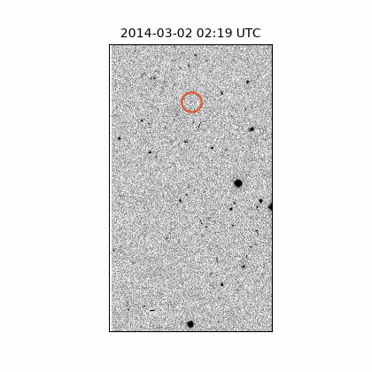 Three exposures of the same patch of sky on 2 March 2014; a faint dot moves across while stars stay fixed